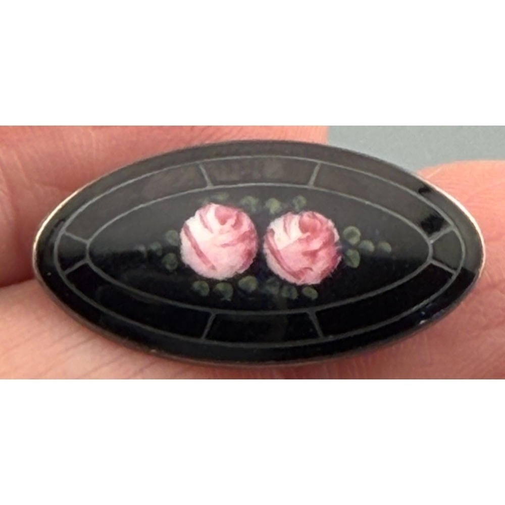 Vintage Sterling Silver Brooch Hand Painted Enamel Roses Oval Goth Mourning 1"